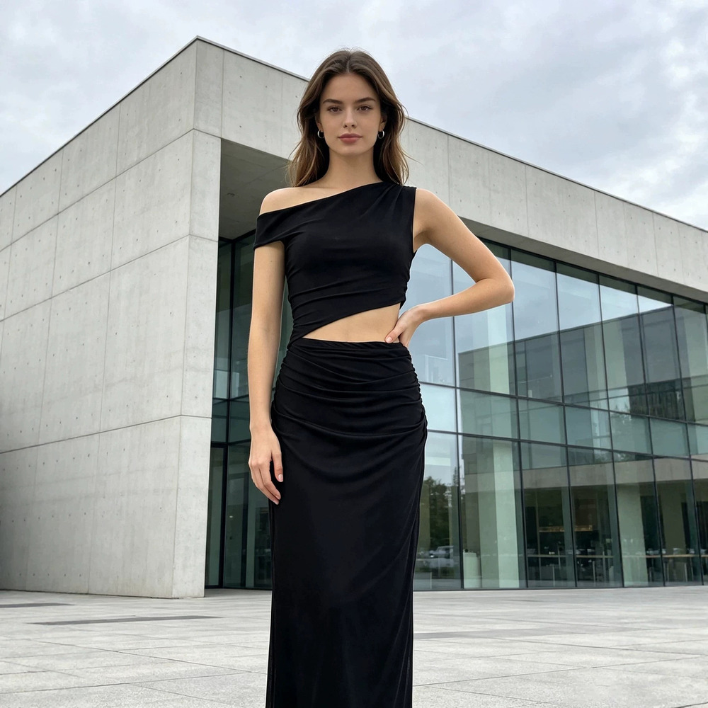 Zara One Shoulder Midriff 2 Piece Set Pleated Slim Fit Long Dress Slit